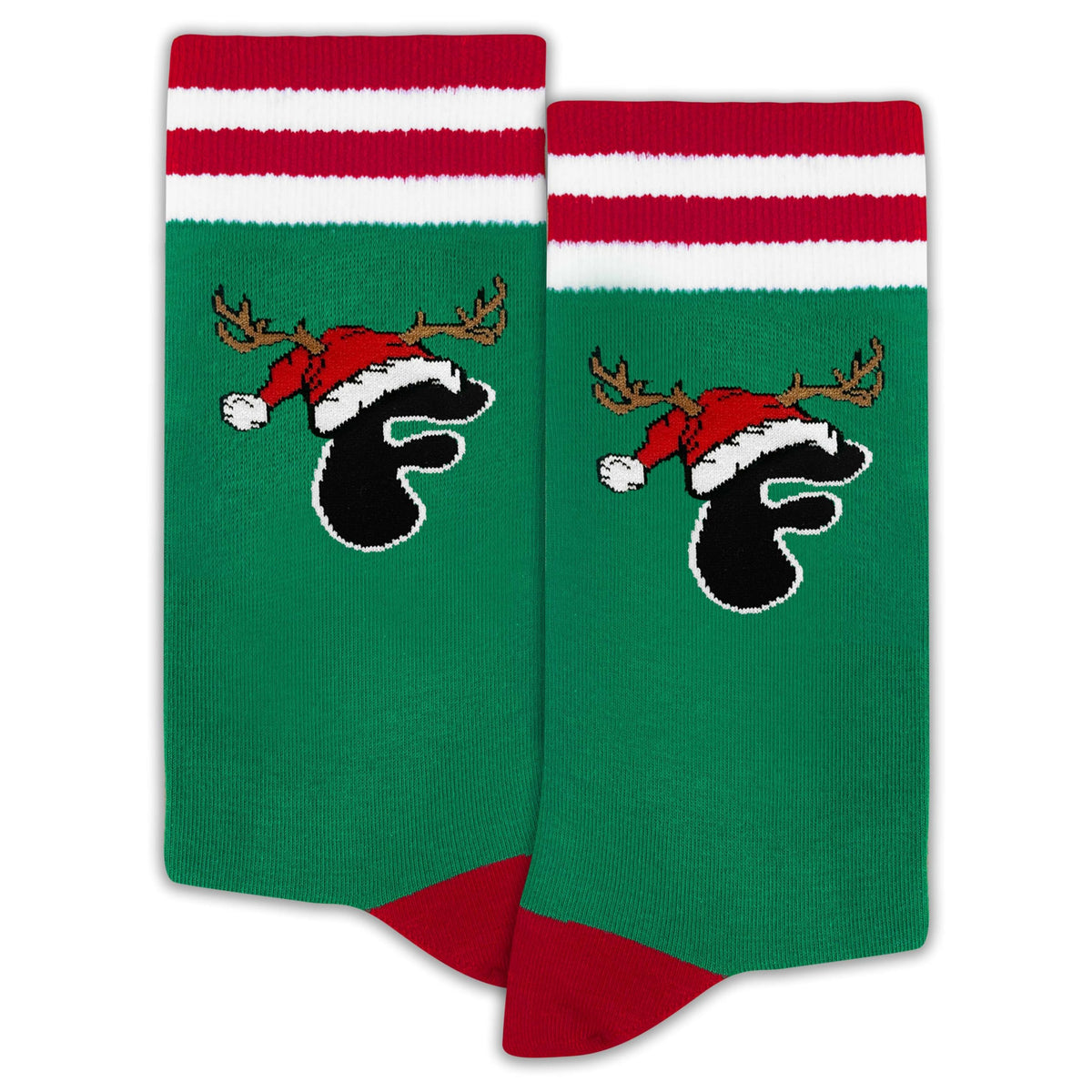 Christmas Initial Socks – Letter F, Caribou & Stripe Design