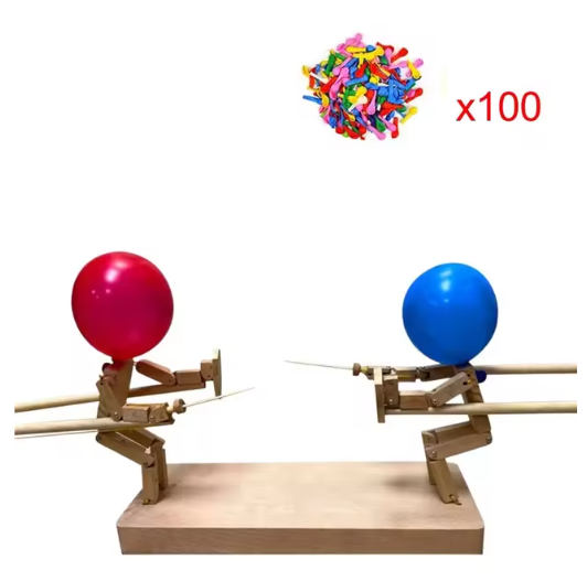 Handmade Wooden Balloon Battle Puppets – 2-Player Party Game