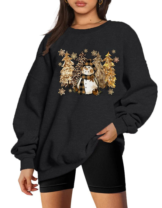 Women’s Leopard Christmas Tree Sweatshirt – Long Sleeve, Black Large