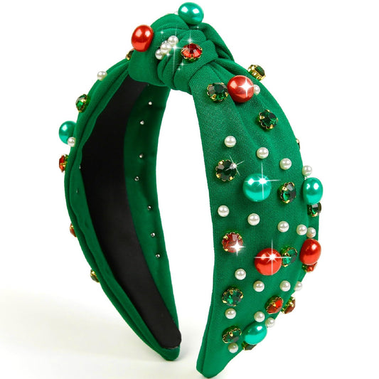 Christmas Knotted Headband with Pearls & Rhinestones – Women & Girls
