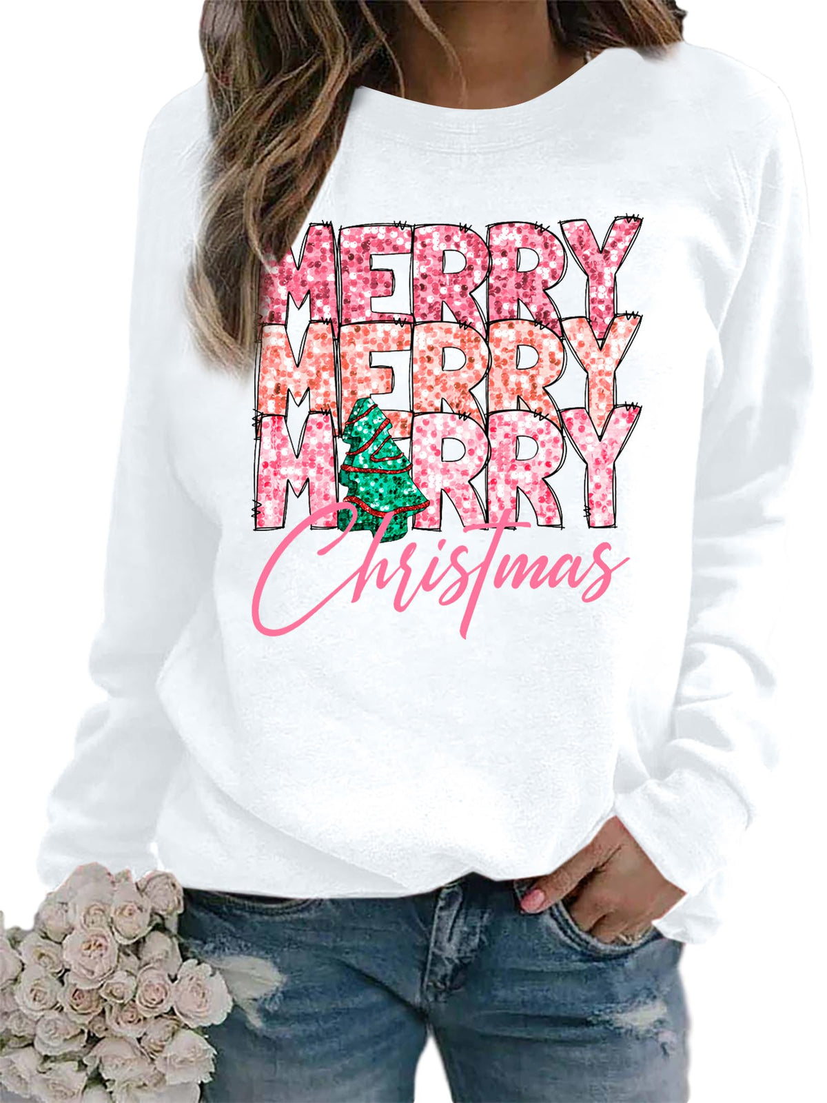 Women’s Christmas Sweatshirt – Festive Print Long Sleeve Pullover, White